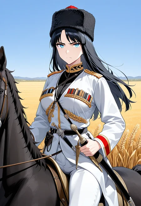 masterpiece, best quality, k4z4k, 1girl, solo, black hair, long hair, blue eyes, black fur hat, white coat, black shirt, white pants, sheath, sword, military uniform, cowboy shot, medium breasts, field, blue sky, dagger, dynamic pose, wheat, horse, riding, looking at viewer, serious face,