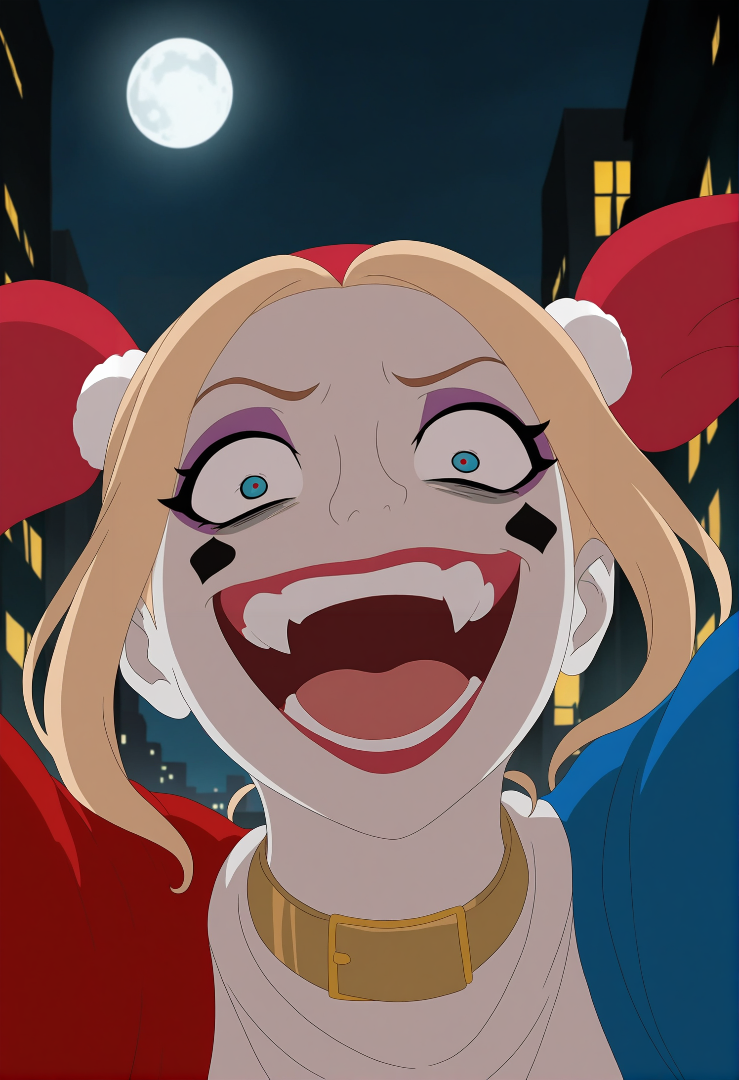 masterpiece,best quality,amazing quality,anime screencap,anime coloring,
Inusen Style,<lora:Inusen Style-IL V1:1>,harley quinn,crazy smile,night,Gotham city,