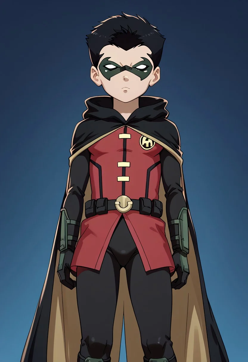 score_9, score_8_up, score_7_up, score_6_up, score_5_up, sorce_cartoon, source_hq, young, cute, 1boy, solo, male Robin ,masterpiece, best quality, amazing quality, best aesthetic, ,absurdres,intricate details,1boy,robin_dc, black hair, mask, black bodysuit, greeen gloves, cape, black boots, red vest, belt, slim but fit, barefeet, full body,w3st3rnc0m1c,westerncomic, western comic art style, petite, shortstack, small body, detail1eye,concept art, realistic, dark theme, low light,, zPDXL3, emotional eyes, emotional face, cute face, easynegative, ng_deepnegative_v1_75t, detailed_eye_model, small eyes, square head, zPDXL3, easynegative, ng_deepnegative_v1_75t, CuteCartoonStyle, 3DMM, eyesHD, high gradient eyes, detailed eyes, high definition eyes, dynamic pose