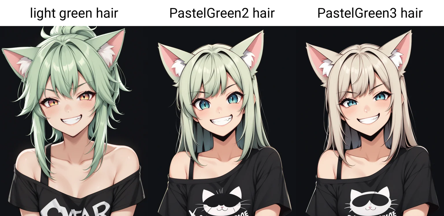 1girl, cute, cat ears, toothy grin, t-shirt, off-shoulder, light green hair, black background