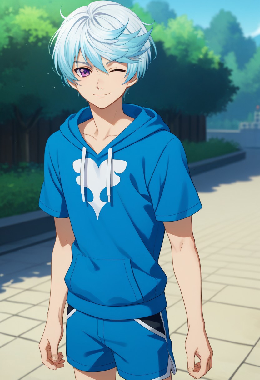 score_9, score_7_up, source_anime
mikleo, 1boy, male focus, solo, purple eyes, blue hair, short hair, swept bangs, collarbone, hoodie, multicolored hoodie, white and blue hoodie, hood, short sleeves, navel, short, blue shorts, smile, one eye closed,
outdoor,