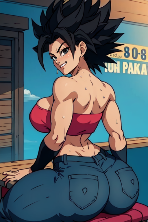 masterpiece,best quality,extreme detail,8k,<lora:caulifla-12:0.8>,caulifla2,1girl,breasts,looking at viewer,smile,large breasts,black hair,1boy,sitting,ass,hetero,heart,sweat,solo focus,looking back,pants,from behind,grin,black eyes,english text,crop top,strapless,spiked hair,sitting on person,tube top,huge ass,pants pull,