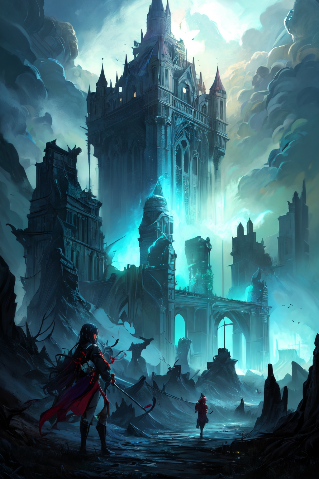 Jan Urschel art style, hyperrealism oil painting, Residual ghost of the castle,
very few clouds,,,
aimi,aimi_\(sky-freedom\),sky-freedom style,by sky-freedom,purple eyes,long hair,black hair,blunt bangs,sidelocks in a hime cut,(mole under mouth:1.2),(geforce_rtx_3090_ti,graphics card),
 fantasy forest artificial trees,
a vibrant, ancient forest, with a diverse array of flora and fauna, ancient trees that have stood for centuries, a sense of timelessness,
Morning,
glow in the dark,
 <lora:more_details:0.3>,
 <lora:EnvyFantasyMix05:0.7>,
 <lora:ghost:0.3> guiguai,
 <lora:FantasyRuins:0.5> FanRu,
 <lora:USNR STYLE_XL_loha:0.3> usnr,
 <lora:EtherSDXL:0.3> EtherStyle, 
<lora:ck-OneViolentFantasy:0.4> in the style of ck-ovf,