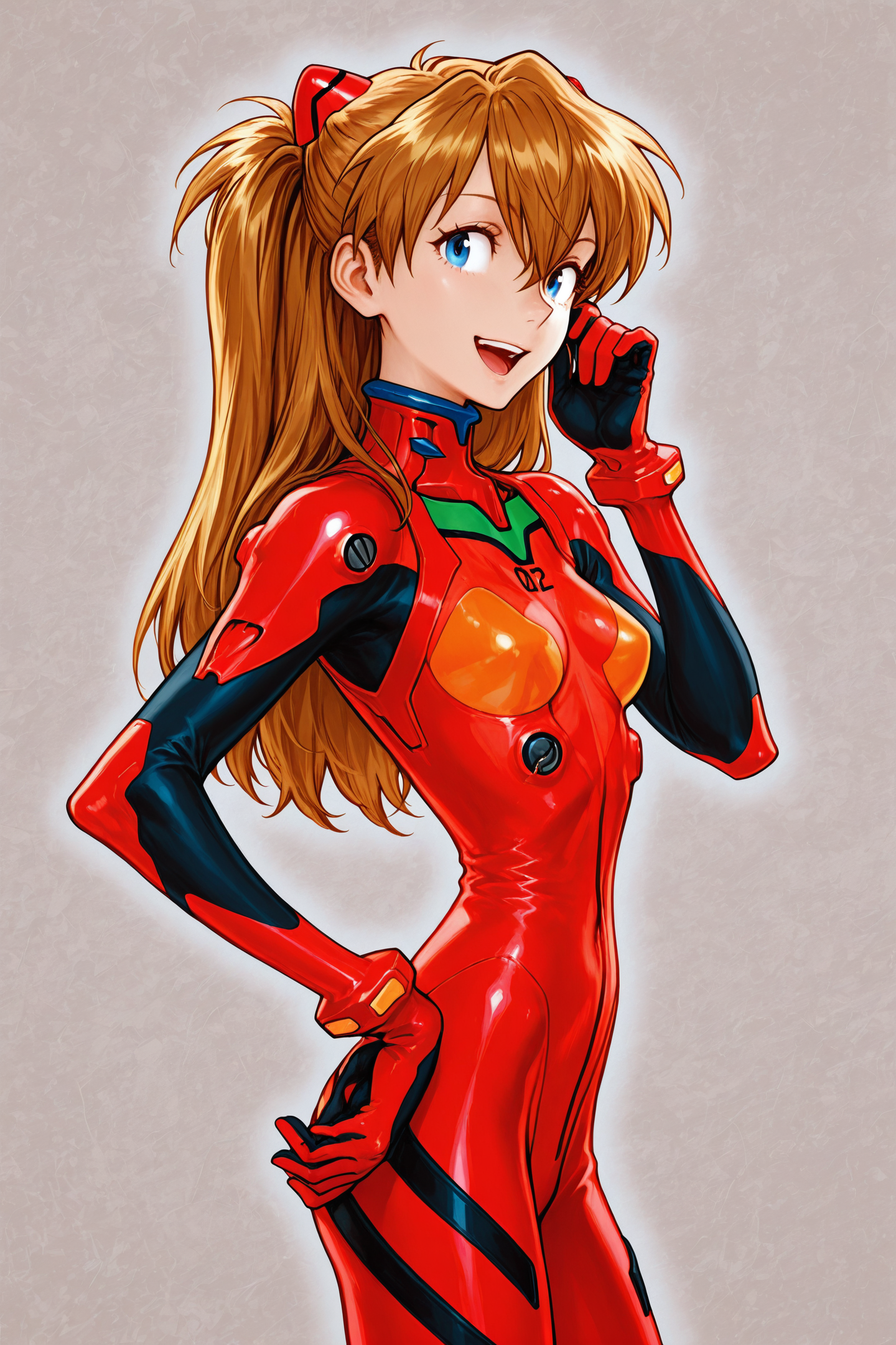 1girl,long hair,plugsuit,bodysuit,souryuu asuka langley,pilot suit,bracer,blue eyes,smile,breasts,bangs,turtleneck,solo,cowboy shot,:d,hair between eyes,gloves,red bodysuit,small breasts,looking at viewer,headgear,two side up,hand on hip,skinny,adjusting hair,narrow waist,standing,brown hair,hand up,hair ornament,happy,from side,
<lora:Kinu Nishimura_illustriousXL:1.8>,