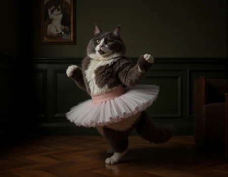 Da Vinci style <lora:funnys:0.7>, This is a high-resolution, CGI-rendered photograph of a fluffy, black and white Persian cat dressed in a ballet tutu. The cat is depicted mid-ballet pose, with one paw raised elegantly in the air, and the other firmly planted on the floor. The tutu is a soft, pastel white, adding a whimsical and playful element to the image. The cat's fur is meticulously detailed, showcasing its fluffy texture and the intricate patterns of its fur, including the distinctive markings on its face., The background features a dark green wall with elegant wainscoting, adding a classic and sophisticated atmosphere to the scene. On the wall to the left, there is a framed photograph of another cat, which adds to the whimsical and humorous theme of the image. The floor is made of polished, dark wooden planks, which contrast with the light colors of the cat and tutu. The overall composition and lighting create a warm and inviting environment, emphasizing the playful and humorous nature of the scene. The image captures the essence of a cat's natural grace and charm, combined with a whimsical, human-like pose and attire, making it a humorous and endearing portrayal . Realistic, sfumato, detailed, chiaroscuro, "abstract