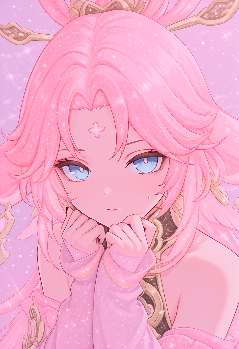 (masterpiece, high quality, amazing detail), highres, glitter effect, moot me up, 1girl, solo, blue eyes, long hair, looking at viewer, pink hair, facial mark, black nails, closed mouth, bare shoulders, hair ornament, sweatdrop, parted bangs, sleeves past wrists, jewelry, nail polish, <lora:Moot_me_up_-_glitter_effect:1.4>