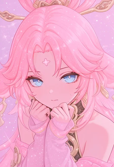 (masterpiece, high quality, amazing detail), highres, glitter effect, moot me up, 1girl, solo, blue eyes, long hair, looking at viewer, pink hair, facial mark, black nails, closed mouth, bare shoulders, hair ornament, sweatdrop, parted bangs, sleeves past wrists, jewelry, nail polish, <lora:Moot_me_up_-_glitter_effect:1.4>