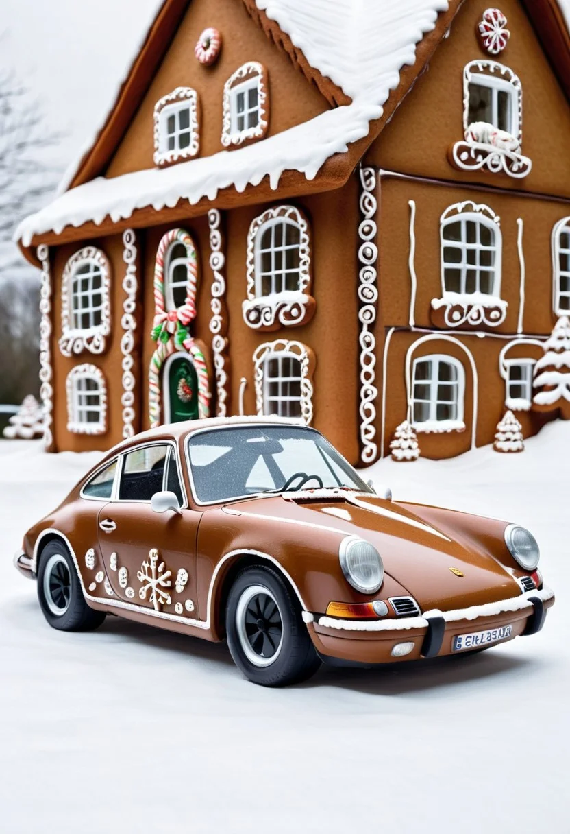 porsche 911,winter ,in front of house.Christmas<lora:GingerbreadStyle_epoch_10:0.7>