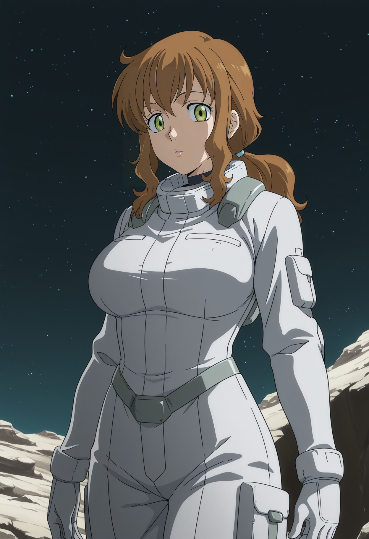 1girl,solo,mm,mature female,brown hair,green eyes,long hair,large breasts,ponytail,anime coloring,
spacesuit,cowboy shot, looking at viewer, outdoors, star \(sky\), 
,masterpiece,best quality,amazing quality,<lora:Christina_Sierra-Gundam_00_Season1:0.8>