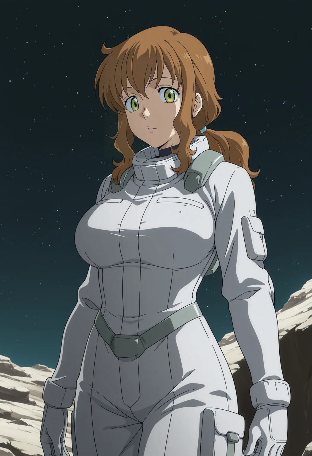 1girl,solo,mm,mature female,brown hair,green eyes,long hair,large breasts,ponytail,anime coloring,
spacesuit,cowboy shot, looking at viewer, outdoors, star \(sky\),
,masterpiece,best quality,amazing quality,<lora:Christina_Sierra-Gundam_00_Season1:0.8>
