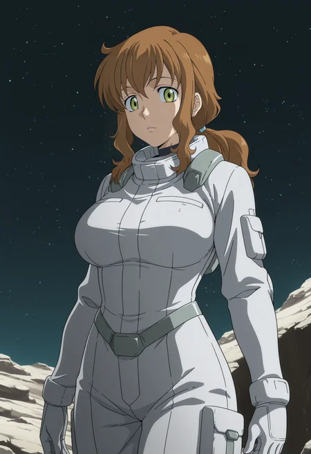 1girl,solo,mm,mature female,brown hair,green eyes,long hair,large breasts,ponytail,anime coloring,
spacesuit,cowboy shot, looking at viewer, outdoors, star \(sky\),
,masterpiece,best quality,amazing quality,<lora:Christina_Sierra-Gundam_00_Season1:0.8>