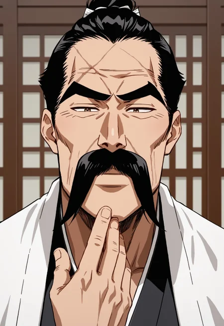 safe_pos, safe_pos, score_9, score_8_up, rating_nsfw, ultra hd, absurdres, best quality, ultra quality, masterpiece, masculine, solo, 1boy, male focus, best anatomy, best eyes, best hands, sexiest man alive, erotic, gay porn, hand with five fingers, mature male,
BleachYamamotoYoung, mustache, balding, topknot, facial hair, black hair, thick eyebrows, Japanese clothes, Expressiveh