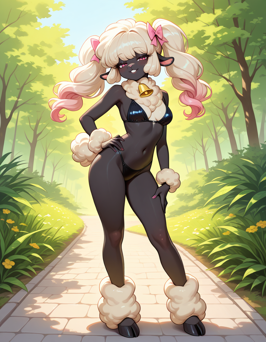 masterpiece, best quality, very aesthetic, absurdres,
outdoors,
full body, standing, posing,
seductive smile, parted lips, long eyelashes,
<lora:PoodleSheep_v01_NAIXL:1> P00dl3Sh33p,1girl, solo, furry, furry female, animal ears, long hair, bangs, hair bow, sheep ears, pink eyes, animal nose, neck bell, black skin, body fur, white fur, poodle tail, hooves,