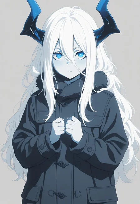 masterpiece, best quality, amazing quality, LDSCH, aesthetic, solo, 1girl, horns, long_hair, coat, blue_eyes, white_hair, monochrome, looking_at_viewer, simple_background, hair_between_eyes, long_sleeves