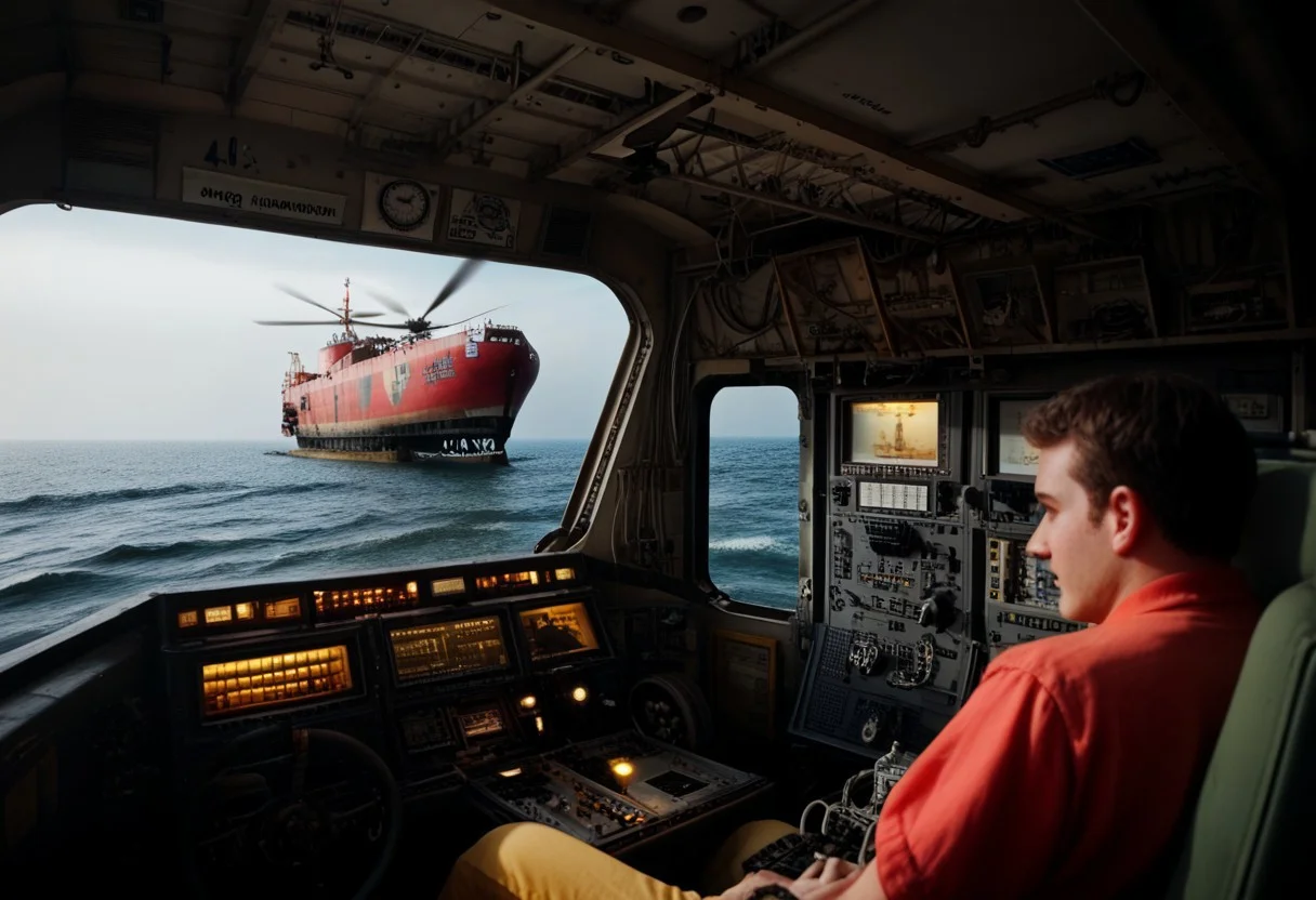 a polaroid picture of a field with a power line in the distance, a ship in the middle of a rough ocean, a large ship with a crane on top of it, a helicopter with a man in the cockpit, a couple of pilots sitting in a cockpit, a dashboard with a clock and a dash light, a yellow crane is parked on the tarmac, waves, a military vehicle is parked in a warehouse, formal, camouflage, a red object in a blue and white object