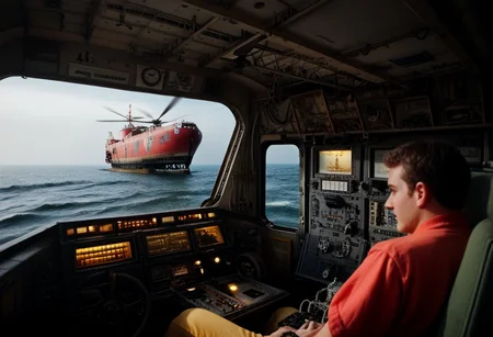 a polaroid picture of a field with a power line in the distance, a ship in the middle of a rough ocean, a large ship with a crane on top of it, a helicopter with a man in the cockpit, a couple of pilots sitting in a cockpit, a dashboard with a clock and a dash light, a yellow crane is parked on the tarmac, waves, a military vehicle is parked in a warehouse, formal, camouflage, a red object in a blue and white object