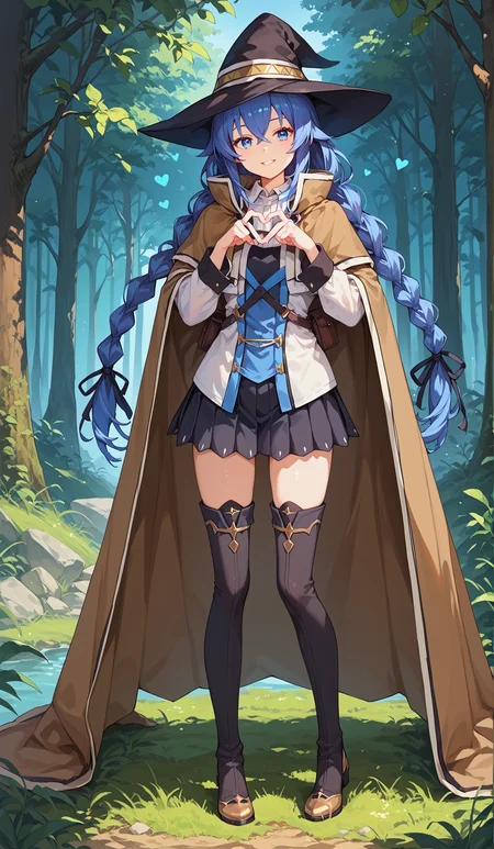 score_9, score_8_up, score_7_up,source_anime,
<lora:P-Roxy:0.8> r0x7, 1girl, solo, blue eyes, blue hair, long hair, hair between eyes, bangs, twin braids, brown cape, witch hat, cape, pleated skirt, long sleeves, black skirt, small breasts, seductive smile, parted lips, eyelashes, standing, (full body), thigh boot, black thighhighs,<lora:Heart_Fingers__Concept_Lora:1> heart fingers, heart hands, forest background, 
,glistening skin, <lora:shinyskin2:0.5>, 
masterpiece, expressiveh, <lora:Expressive_H:0.3>