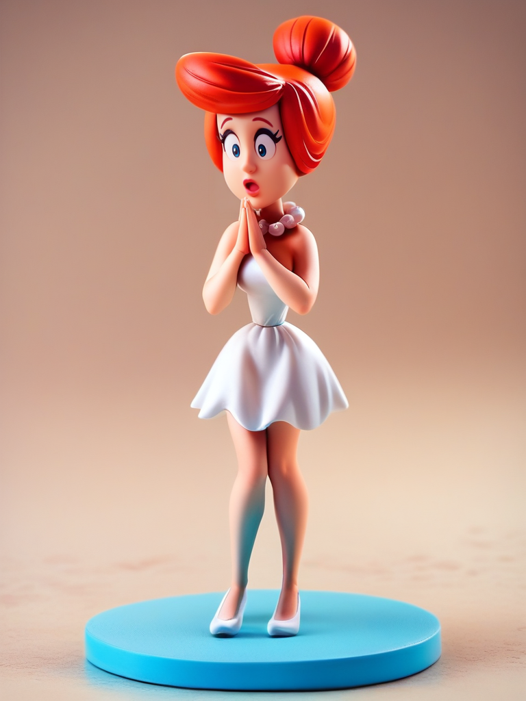 score_9, score_8_up, score_7_up, 1girl, hands up together, surprised, nervous pose, full body, (dynamic pose:1.1), dynamic angle, simple background, 
 <lora:AWilmaFlintstone_character-10V2:0.8>, WilmaXLP, orange hair, hair bun, makeup, white dress, bare legs, pearl necklace, cartoon,, <lora:Anime_Figure_P1:0.8> figure, toon \(style\),