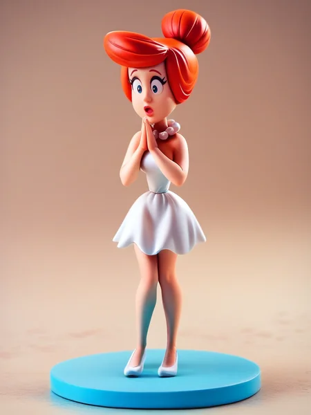 score_9, score_8_up, score_7_up, 1girl, hands up together, surprised, nervous pose, full body, (dynamic pose:1.1), dynamic angle, simple background,
<lora:AWilmaFlintstone_character-10V2:0.8>, WilmaXLP, orange hair, hair bun, makeup, white dress, bare legs, pearl necklace, cartoon,, <lora:Anime_Figure_P1:0.8> figure, toon \(style\),