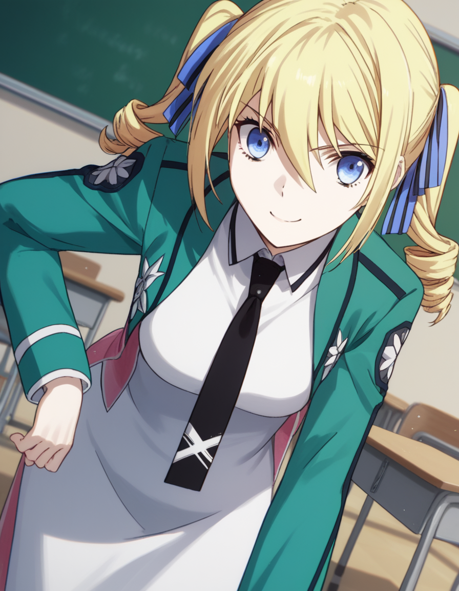 score_9, score_8_up, score_7_up, source_anime,
angelinakudoushields, <lora:angelina-kudou-shields-s2-ponyxl-lora-nochekaiser:1>,
angelina kudou shields, blue eyes, blonde hair, ribbon, hair between eyes, twintails, hair ribbon, drill hair, blue ribbon, twin drills,
long sleeves, dress, school uniform, pantyhose, necktie, white dress, black necktie,
indoors, classroom, bent over, smile,
solo, dutch angle, looking at viewer, cowboy shot,