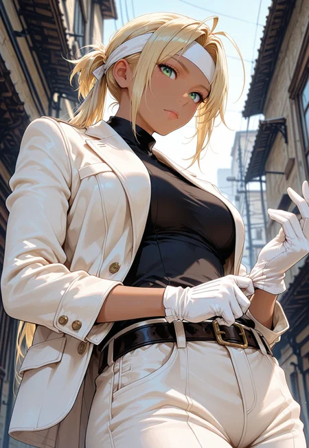 ultra realistic, masterpiece, high detailed skin, best quality, high res, very aesthetic, absurdres, anime style, studio anime, source_ecchi, anime, masterpiece, best quality, good quality, very aesthetic, absurdres, newest, 8K, depth of field, focused subject, low angle, from below, portrait, 1girl, solo, long hair, looking at viewer, bangs, shirt, gloves, sleeves, closed mouth, jacket, short ponytail, blonde hair, cowboy shot, open clothes, belt, pants, white gloves, dark skin, dark-skinned female, green eyes, parted bangs, black shirt, turtleneck, (white jacket:1.3), suit, adjusting clothes, white pants, adjusting gloves, antenna hair, pulling glove, white headband, outdoors,