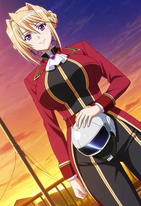 general,highres, ultra-detailed,very aesthetic,best quality ,best hands,best eyes,easynegative,
dynamic anglre, dutch angle, anime cloring,anime screencap,
1girl solo,looking at viewer,bike,smile,outdoors, holding helmet,
Sylvia van Hossen,blonde_hair, horizontal French twist hair,purple eyes, huge_breasts,open chest rider suits,