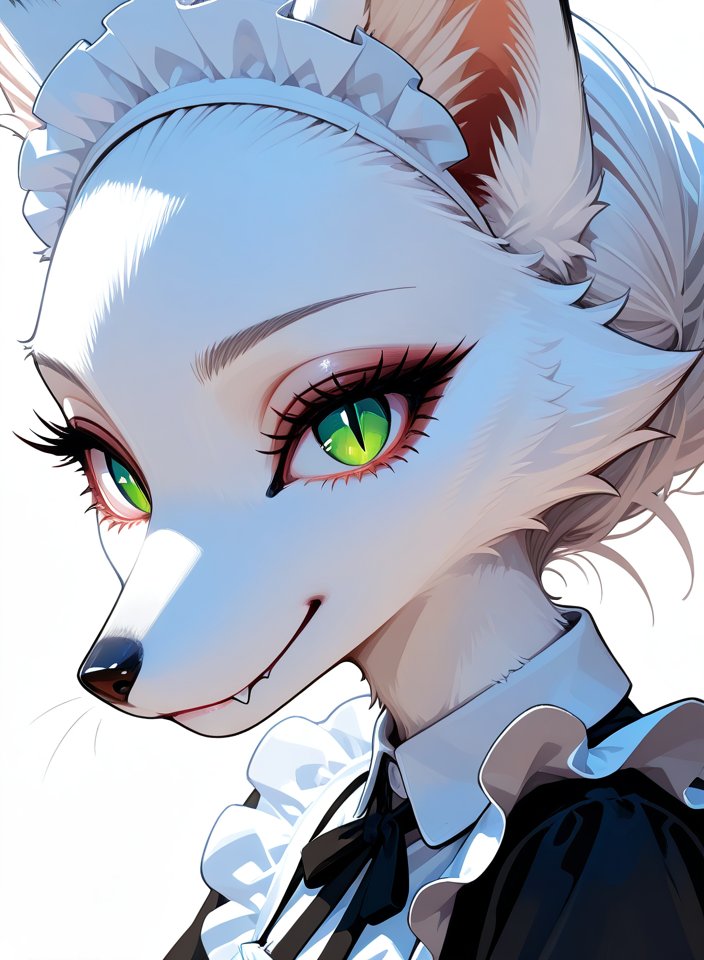 <lora:Foxy_v02_PDXL:1> <lora:eyelashes_pony_V1.0:1> <lora:Eyes_Lora_Pony_Perfect_eyes:1> solo, furry girl, furry fox girl, slender body,  body covered with short white fur, fox ears,  long eyelashes,  foxgirl, white fur, green eyes, slit pupils,  long lush eyelashes, more detailed eyes,  lustful look,  short maid dress, maid cap,  sly smile, , fangs showing, face close up,  side view, view from above