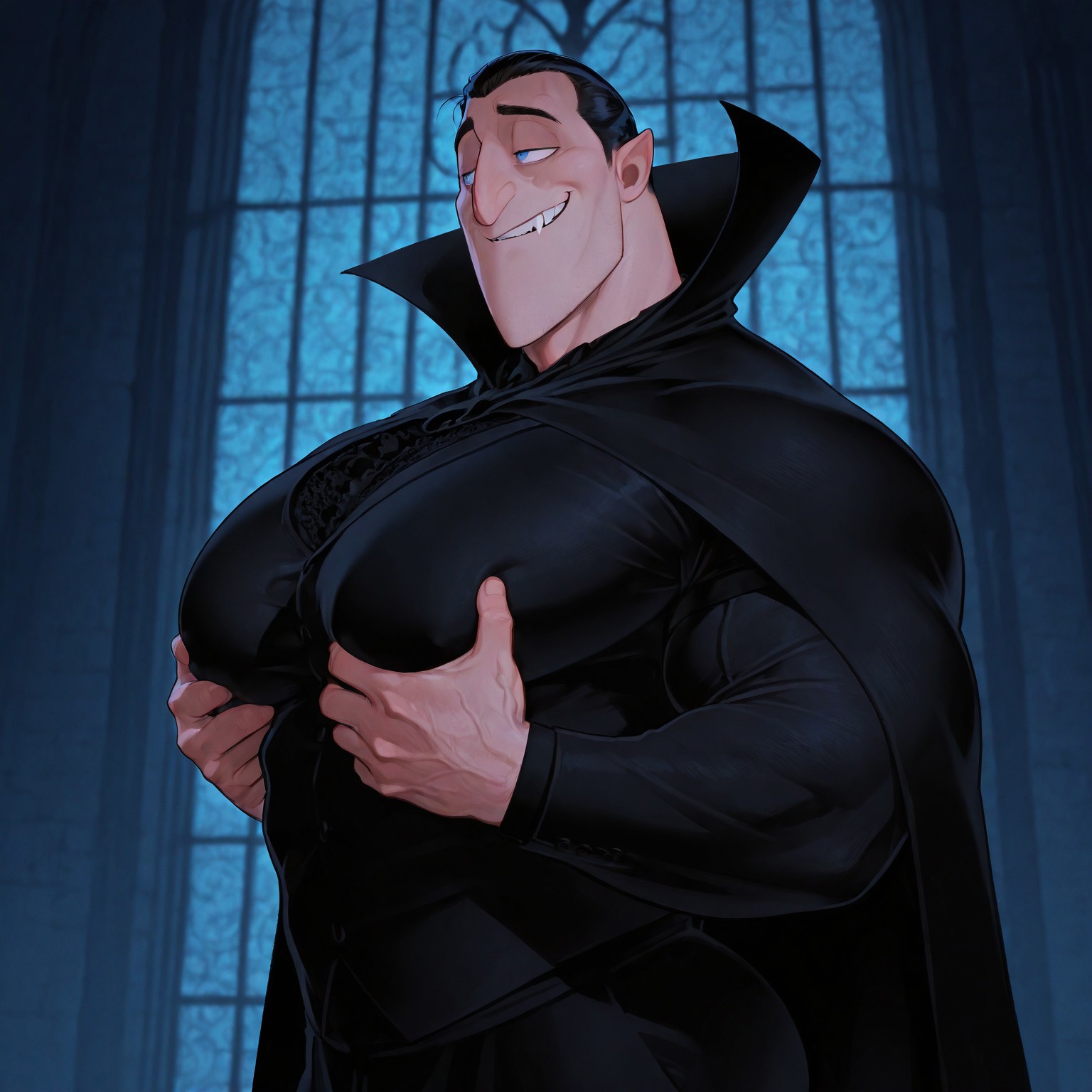 masterpiece, best quality, absurdres, newest, perfect quality, best quality, absolutely eye-catching, detailed background, intricate details, bara, 1boy, 1boy, smirk, looking away, male, male focus, solo, mature, black hair, short hair, slicked back hair, blue eyes, thick eyebrows, vampire, fangs, pointy ears, black tuxedo, lace details, black cape, high collar, bara, muscular, large pectorals, large biceps, side view, grabbing chest, hands on chest, squeezing chest, very awa, best quality, absurdres, newest, perfect quality, detailed background, intricate details, (artist:rokudenashi:0.8), (artist:dizdoodz:0.7), (artist:gomtang:0.6)