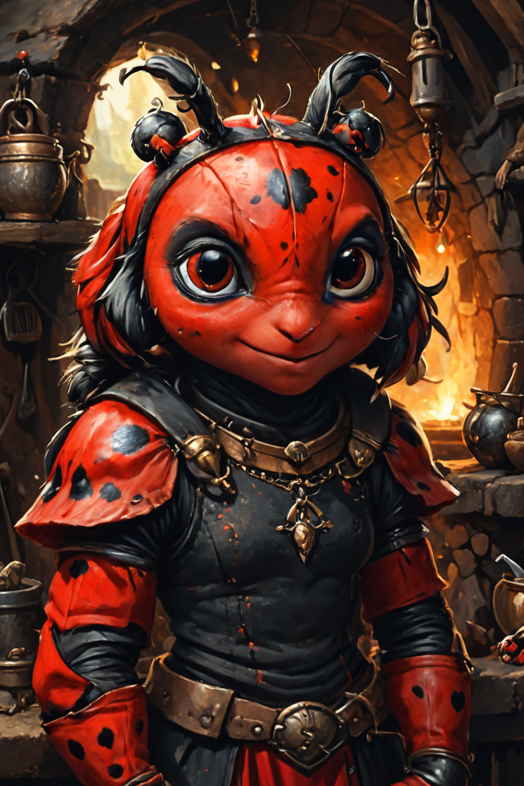Detailed digital portrait of an anthro Ladybug at a Blacksmith's forge in the heart, <lora:xl_more_art-full_v1:0.5>,  <lora:The_Crazy_Style:0.7> <lora:anthro_muscular:0.7>