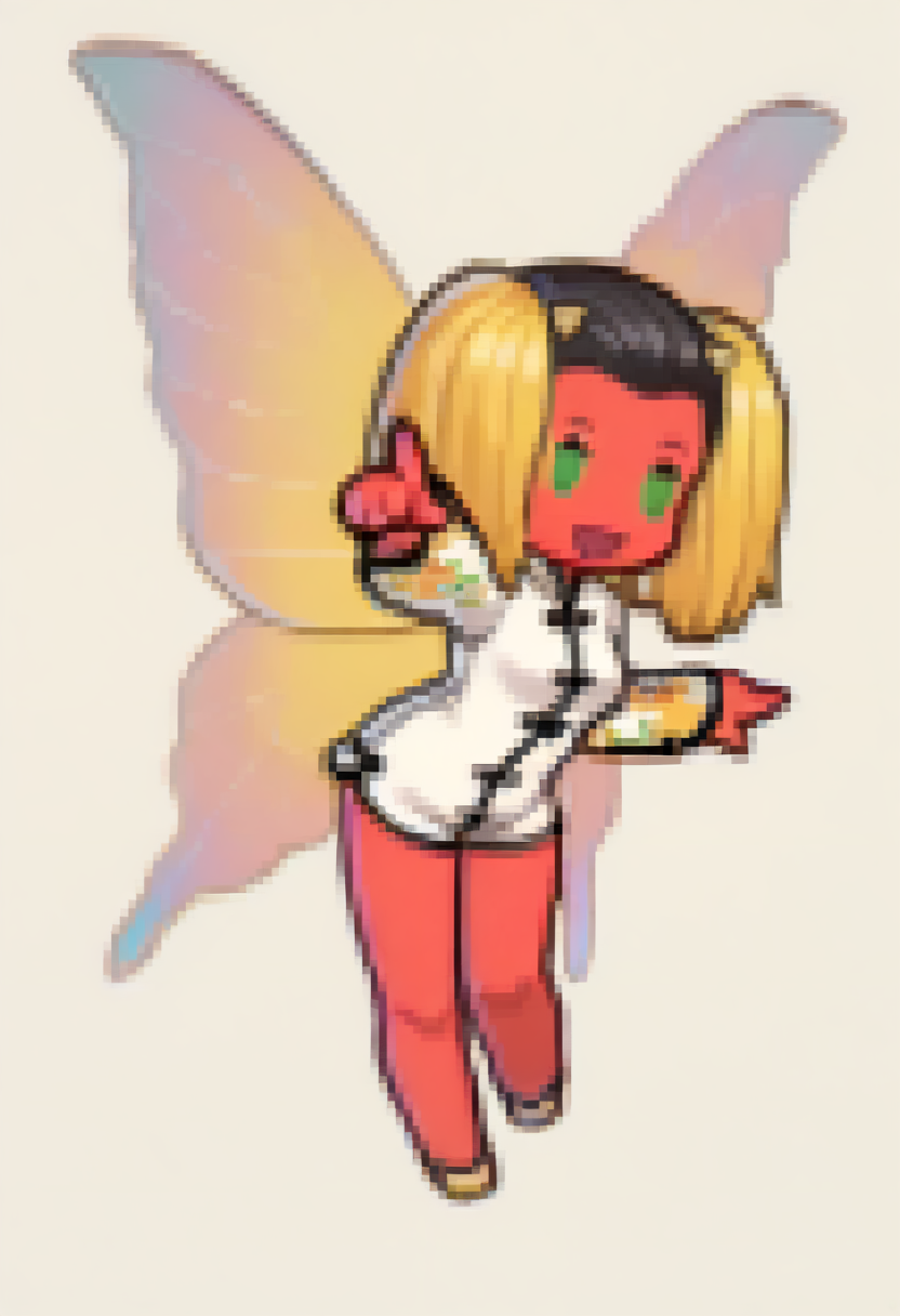 masterpiece, best quality, 1girl, solo, :d, pointing, <lora:HuaPoSMT-illu:1> hua po, split-color hair, black hair, blonde hair, twintails, hair pulled back, red skin, green eyes, white romper, chinese clothes, long sleeves, floral print sleeves, fairy wings, multicolored wings, flats, yellow footwear, <lora:Feh-Sprites-illus_Fp:1> simple background, chibi, full body