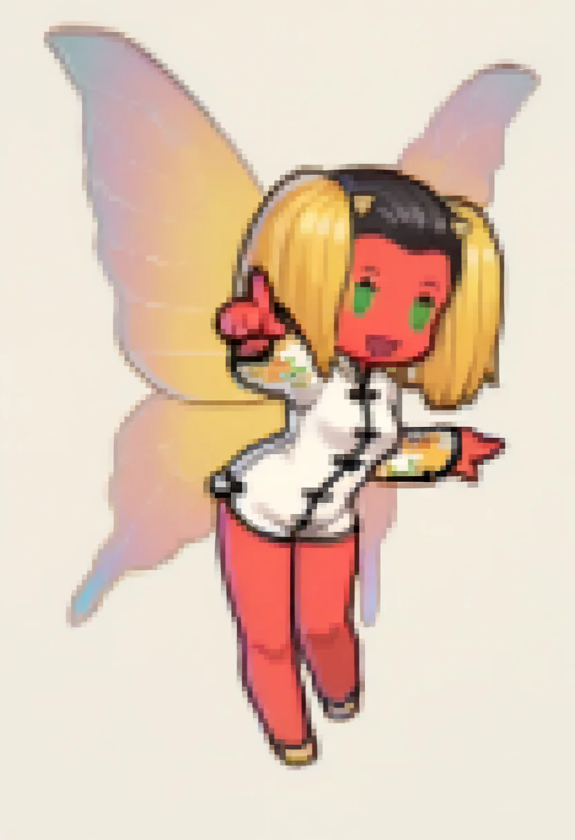 masterpiece, best quality, 1girl, solo, :d, pointing, <lora:HuaPoSMT-illu:1> hua po, split-color hair, black hair, blonde hair, twintails, hair pulled back, red skin, green eyes, white romper, chinese clothes, long sleeves, floral print sleeves, fairy wings, multicolored wings, flats, yellow footwear, <lora:Feh-Sprites-illus_Fp:1> simple background, chibi, full body