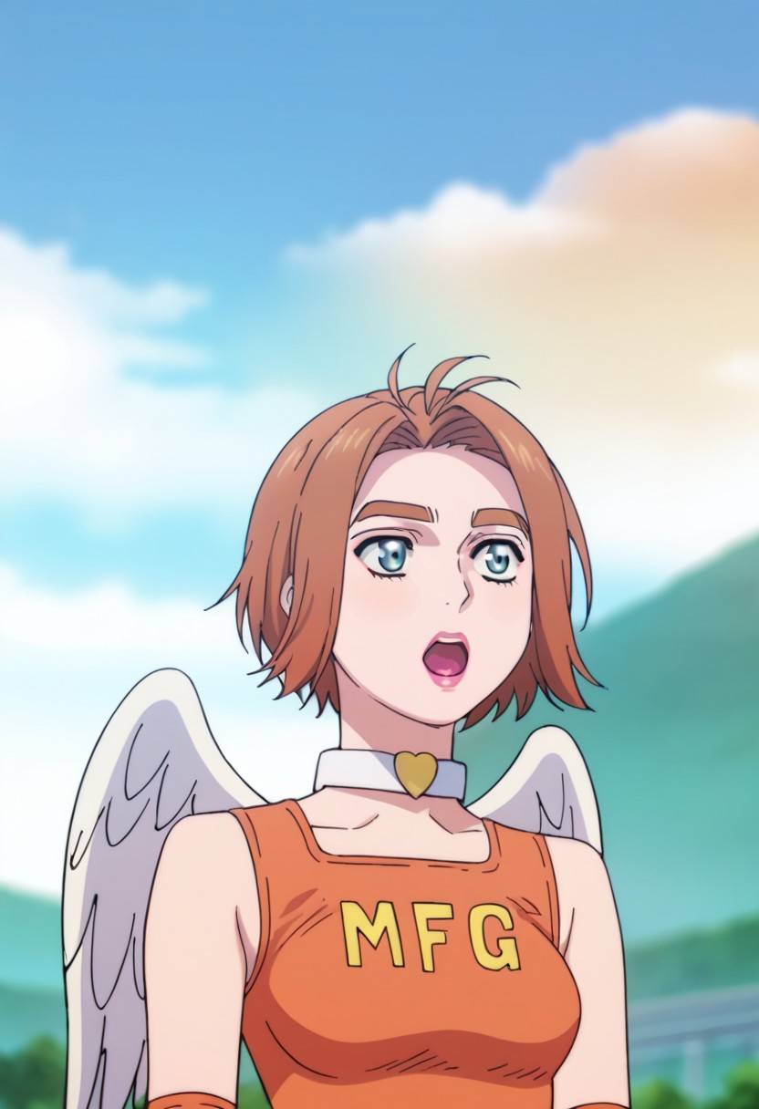 score_9, score_8, score_7, source_anime, mfg angels outfit, lipstick, day, standing, sky, pink lips, blurry background, shirt, open mouth, cloud, thick eyebrows