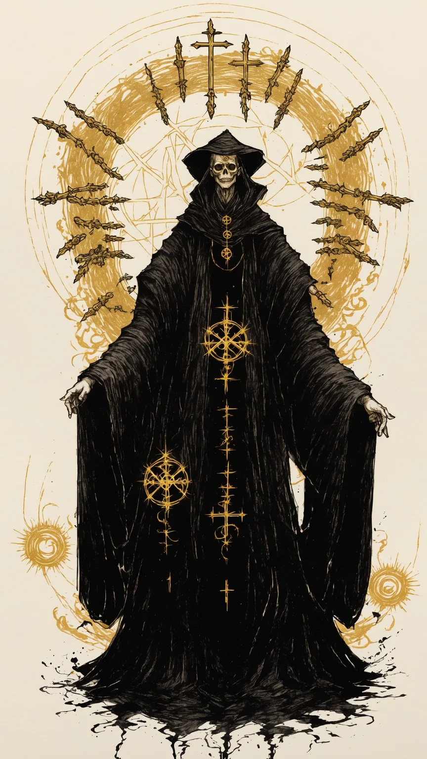 <lora:DarkInkAI:1> DarkInkAI, a gothic wizard, floating cross legged, circle of arms, radiating power, gold ink, inksketch