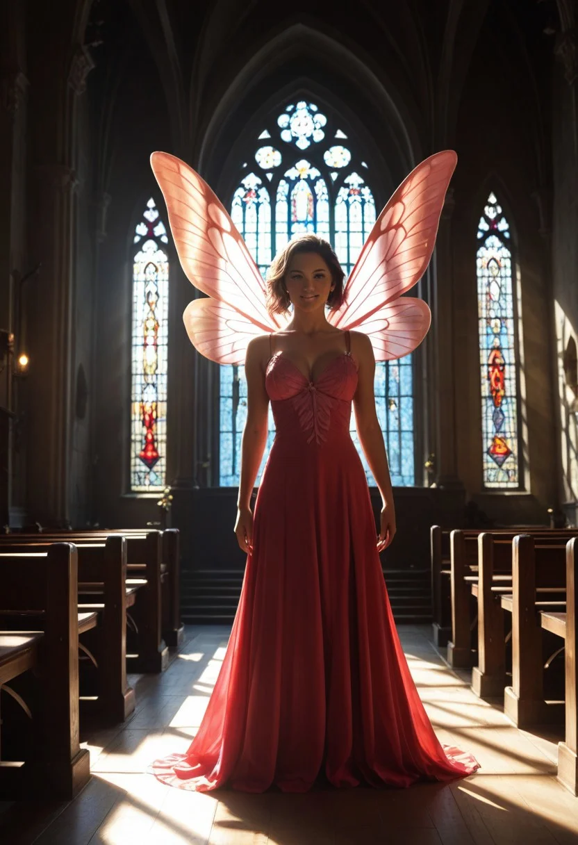 score_9, score_8_up, score_7_up, masterpiece, ultra detailed, best quality, 1 woman, mature woman, a fantasy Fairy, standing in front of an archway of a church, light coming through the arch, dynamic lighting, expressive face, expressive body, expressive emotions, dynamic pose, intense gaze, lively eyes, detailed facial expression, engaging presence.
detailed skin, perfect quality, hyper quality, perfect shadows,dark hair, red dress, sleeveless, pink butterfly wings,, lot of shadows, perfect lighting, ultra realistic reflections, hyper realistic, ultra realism, 8k, masterpiece,