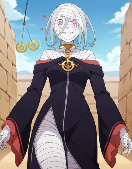 score_9, score_8_up, score_7_up, source_anime, <lora:sirius-romanee-conti-s3-p1-ponyxl-lora-nochekaiser:1>, sirius romanee conti, long hair, purple eyes, white hair, bandages, bandaged head, bandaged neck, bandaged arms, bandaged legs, bandaged hand, bandaged chest, bandaged torso, bandaged wrist, bandaged knees, medium breasts,, wide sleeves, robe, off-shoulder, black robe,, desert, sand, dunes, cacti, heat, smile, <lora:pendulum-ponyxl-lora-nochekaiser:1>, pendulum, holed coin, coin on string, hypnosis, mind control, coin, @ @,, looking at viewer, solo,, dutch angle, cowboy shot