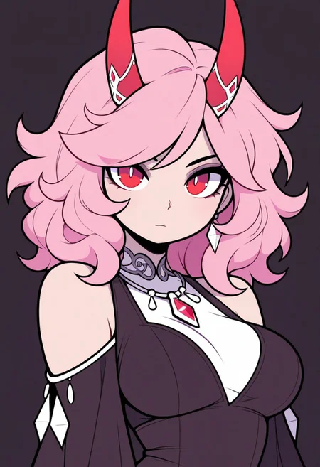 1girl, flat colors, masterpiece, best quality, upper body shot, pink hair, wavy hair, medium hair, red eyes, red horns, silver jewelry on horns, looking at viewer, CartoonyIllustrious
