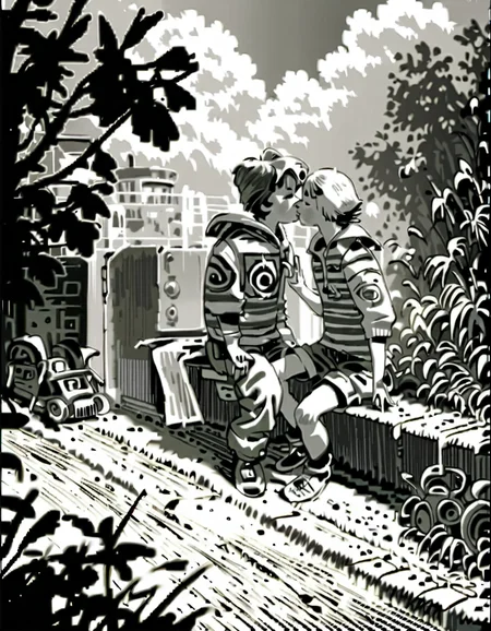 score_9, score_8_up, score_7_up, (Mignstl:1.2), (Alsel:1.2), (light colored hair:1.2), 1girl, sneakers, kissing a boy, (outdoors scenery:1.2), perfect eyes, perfect hands, detailed fingers, bw, grayscale