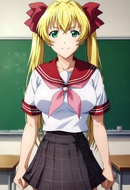 PonyXLV6_Scores, <lora:Fine_Anime_Screencap-PonyV2:1> fine anime screencap_xl, anime screencap, amazing quality, very aesthetic, absurd resolution, masterpiece, 4k resolution, perfect anatomy, perfect eyes, (hand with four fingers and one thumb), BREAK 1girl, 3/4 body shot, <lora:Saki_Akehime_07:1> SakiKyouhaku, long hair, blonde hair, green eyes, large breasts, perky breasts, slim sexy body, standing, sultry face, looking at viewer, Smile, Closed mouth, (serafuku, red sailor collar, pink neckerchief, (white shirt, short sleeves,), grey plaid skirt, red ribbon, twin tails, ), breast focus, BREAK (classroom, chalkboard, desks, chairs, no men, 1girl, solo,),
