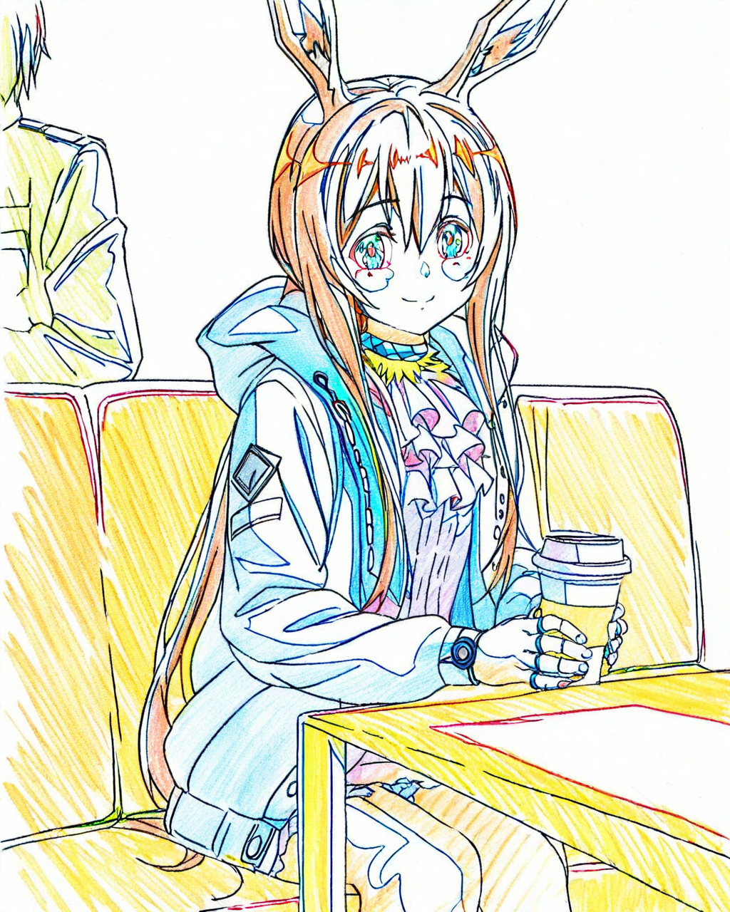 1girl, amiya \(arknights\), arknights, restaurant, sitting, coffee cup, smile <lora:OriginalAnimeColorTrace_Illustrious_loraplus:1>color trace, white background, simple background,, (masterpiece), best quality, amazing quality, very aesthetic, absurdres,