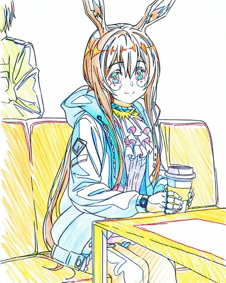 1girl, amiya \(arknights\), arknights, restaurant, sitting, coffee cup, smile <lora:OriginalAnimeColorTrace_Illustrious_loraplus:1>color trace, white background, simple background,, (masterpiece), best quality, amazing quality, very aesthetic, absurdres,