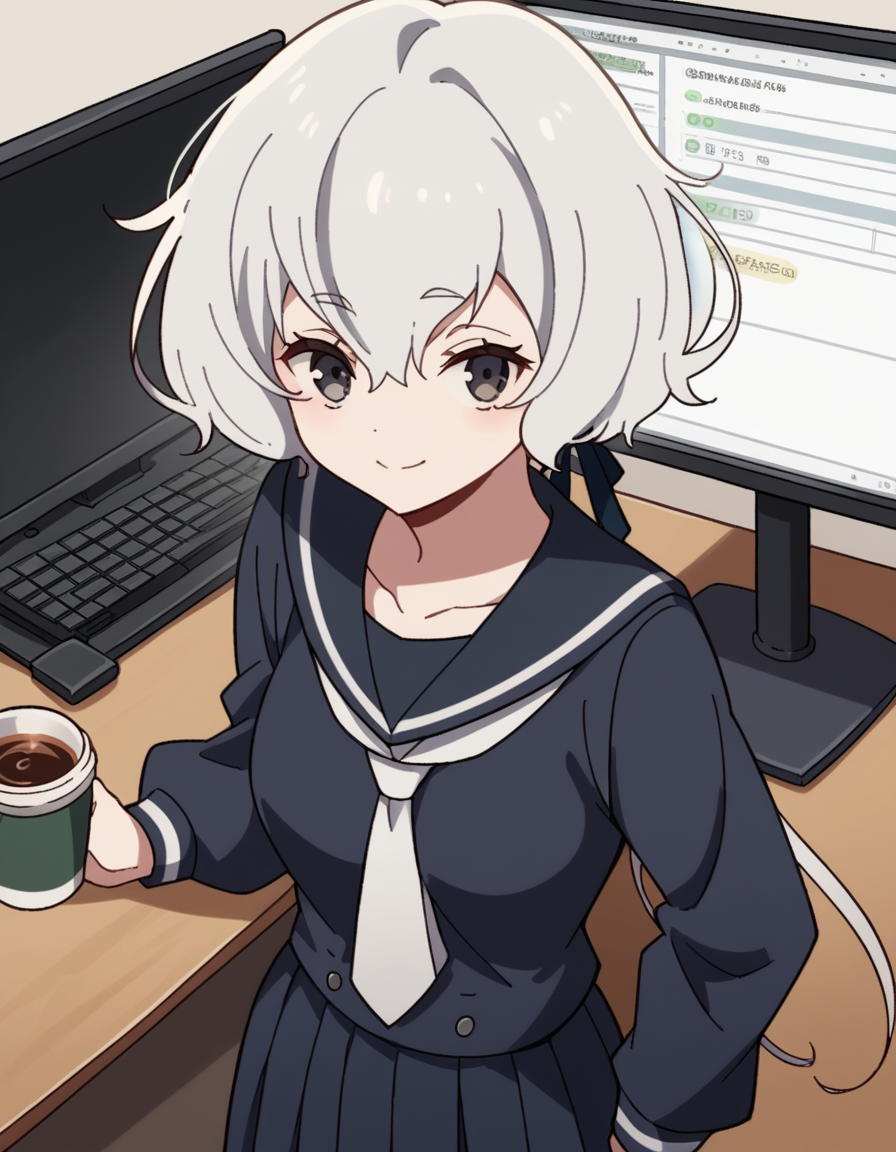 score_9, score_8_up, score_7_up, source_anime, <lora:junko-konno-s2-ponyxl-lora-nochekaiser:1>, junko konno, low twintails, black eyes, twintails, white hair, medium breasts,, sailor dress, serafuku, skirt, school uniform, white necktie, necktie, long sleeves,, home office, working from home, computer screen, coffee cup, focus, deadline, , looking at viewer, smile, from above,, solo,, cowboy shot, dutch angle