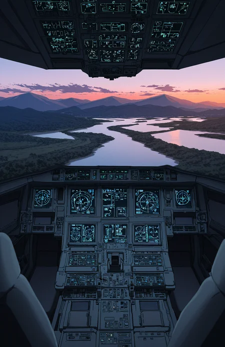 anime coloring, no humans, from behind, left side,
<lora:[Concept - IL] A380 Cockpit (R2E10):0.6> a380cockpit,
navigation display, overhead panel, thrust lever, empty seats,
clouds, mountains, river, dusk,