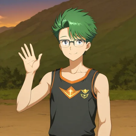 gb4_tao, green hair, short hair, grey eyes, 1boy, solo, male focus, glasses, wearing black tank top, anime style, anime draw style, perfect hands, high quality, best quality, masterpiece, outdoor setting, right hand waving