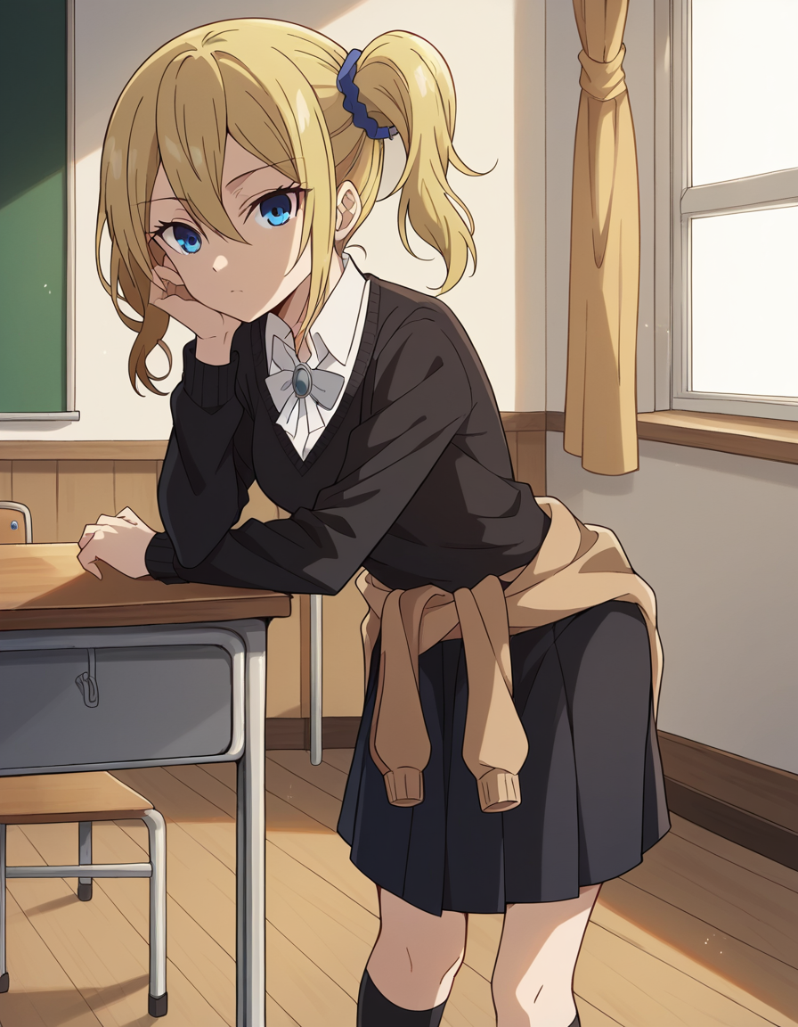 score_9, score_8_up, score_7_up, source_anime,
aihayasaka, <lora:ai-hayasaka-s3-ponyxl-lora-nochekaiser:1>,
ai hayasaka, bangs, blue eyes, blonde hair, hair ornament, hair between eyes, sidelocks, side ponytail, scrunchie, hair scrunchie, blue scrunchie,
shirt, long sleeves, school uniform, shoes, socks, sweater, cardigan, black socks, clothes around waist, shuuchiin academy school uniform, sweater around waist, cardigan around waist,
indoors, classroom, bent over,
looking at viewer, cowboy shot, dutch angle, solo,