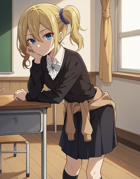 score_9, score_8_up, score_7_up, source_anime,
aihayasaka, <lora:ai-hayasaka-s3-ponyxl-lora-nochekaiser:1>,
ai hayasaka, bangs, blue eyes, blonde hair, hair ornament, hair between eyes, sidelocks, side ponytail, scrunchie, hair scrunchie, blue scrunchie,
shirt, long sleeves, school uniform, shoes, socks, sweater, cardigan, black socks, clothes around waist, shuuchiin academy school uniform, sweater around waist, cardigan around waist,
indoors, classroom, bent over,
looking at viewer, cowboy shot, dutch angle, solo,