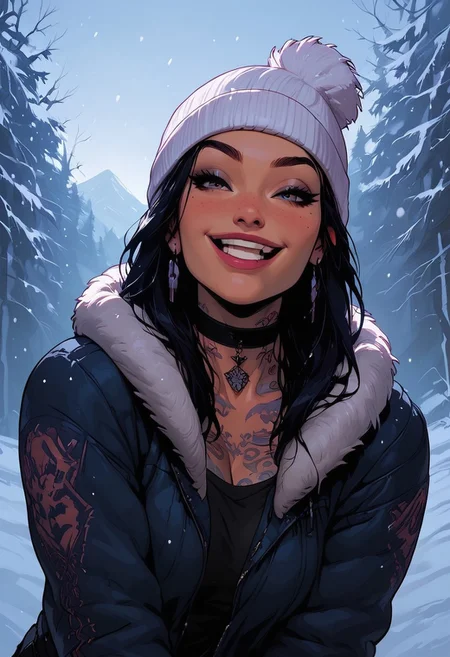 Score_9, Score8_up, Score_7_up, (((High Resolution, Best Quality))), 
1girl, solo, toned arms, Covered in Tattoos,
Winter coat, beanie, large breasts, choker, 
Open coat, hit by a snowball, hit in the neck by snowball,
seducing, seductive, flirty, tender, loving, happy, laughing, 
Hiking on a mountain, snowing, Cloudy Sky,