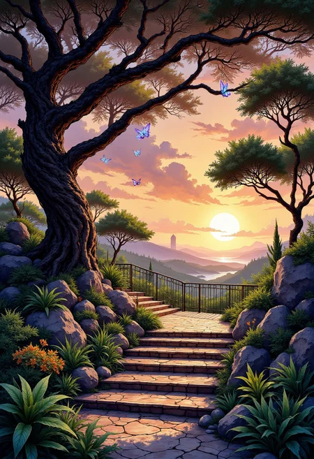The Verdant Astral Canopy
A hovering treetop garden, woven into the branches of an ancient celestial tree, its leaves shimmering with iridescent green and amber light. The sky is a swirling gradient of burnt sienna and ethereal lavender, casting dappled golden light onto suspended wooden terraces, connected by hanging rope bridges wrapped in soft, glowing vines. Holographic butterflies flutter around floating bonsai planters, while the scent of crushed sage, damp soil, and sun-warmed citrus leaves lingers in the cool breeze. Beneath the canopy, murals of biophilic art depict ancient myths of star-born deities, etched into smooth, vine-covered stone slabs.