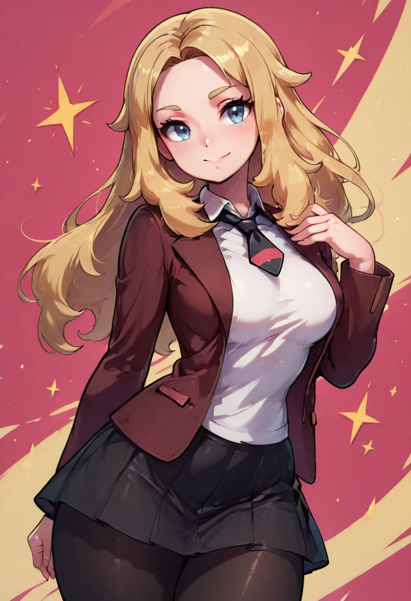 masterpiece, best quality, solo, curvy, beautiful eyes, zzLss, blue eyes, blonde hair, long hair, shirt, necktie, jacket, school uniform, white shirt, long sleeves, black necktie, collared shirt, blazer, black skirt, black pantyhose, ,<lora:LassPokemon_IXL:1.0>, , smile, looking at viewer, cowboy shot, dynamic pose, abstract background, <lora:VividIXL_v2:0.7>,