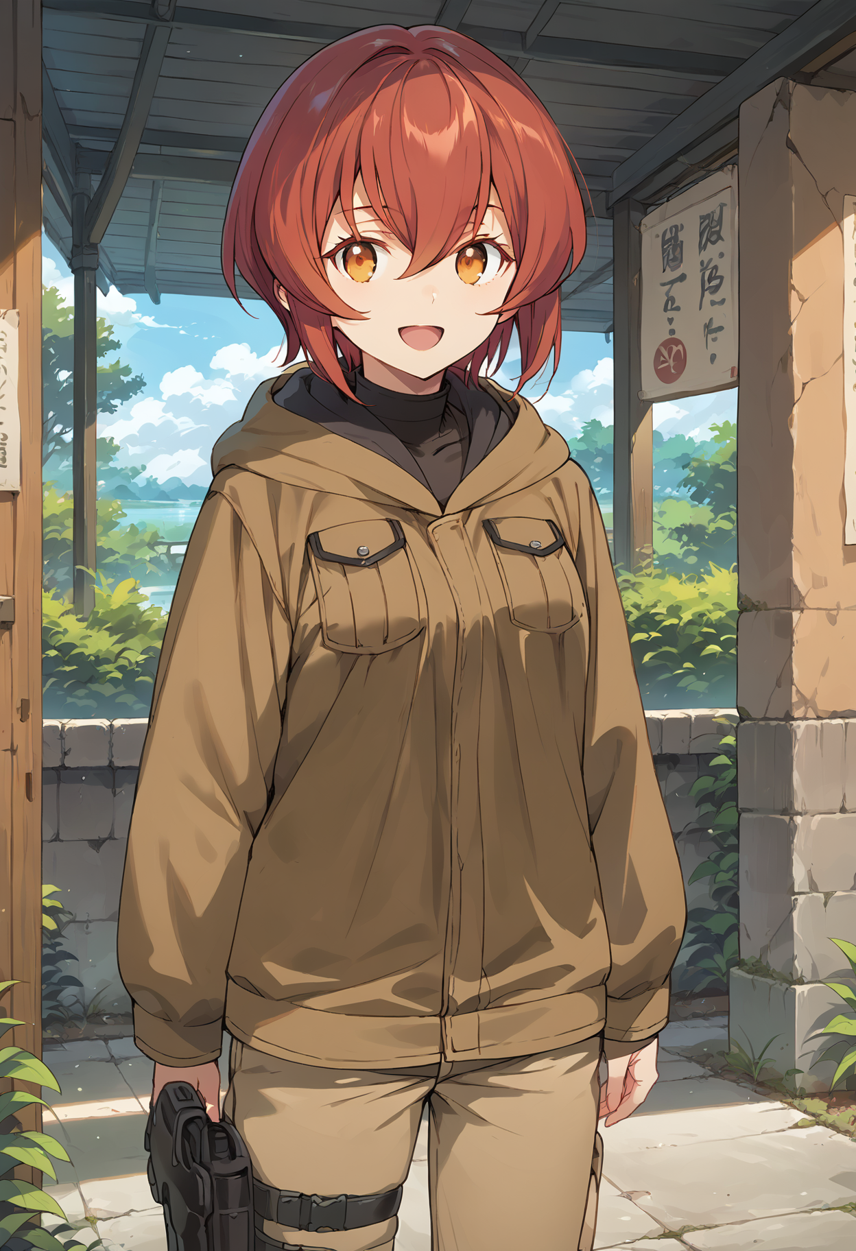 score_9, score_8_up, score_7_up, score_6_up, score_ANIME, 1girl, , kurenakukumila, 1girl, solo, red hair, short hair, looking at viewer,, brown hooded jacket,, brown eyelashes, orange eyes, sidelocks, standing, brown pants, holster,, hair between eyes, , cowboy shot, medium breasts, smile, open mouth, turtleneck shirt, <lora:corena_ponyV2:1>