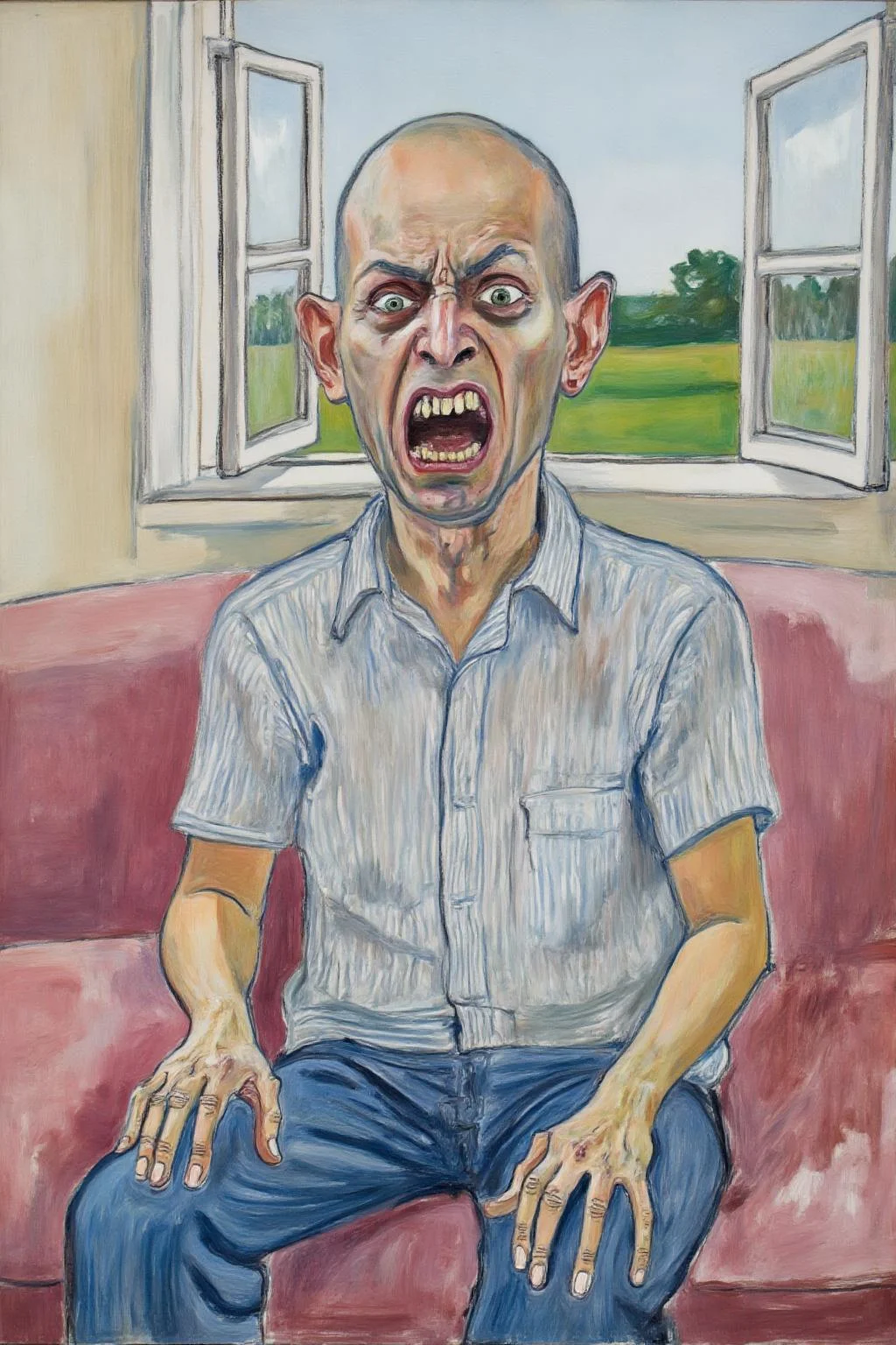 aliceneel2 painting.
aliceneel1 painting. A bald man with a gaunt face and piercing eyes appears distressed or shocked. His mouth is open, revealing sharp teeth. He is sitting on a pink sofa beside an open window. <lora:aliceneel2_d8a4:1.0><lora:866320521204074314:0>